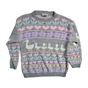 Vintage 80s Arielle Women's Pastel Goose Duck Knit Sweater M Cottagecore USA